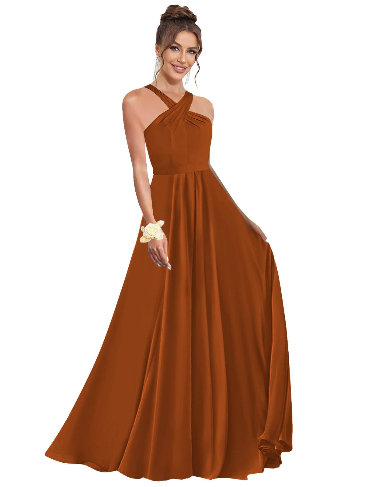 Halter Bridesmaid Dresses for Wedding Chiffon A Line Pleated Long Formal Prom Dress with Belt