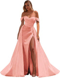 Vestidos de fiesta de satén con hombros descubiertos, corte sirena, fruncido, de noche formal, para mujer 