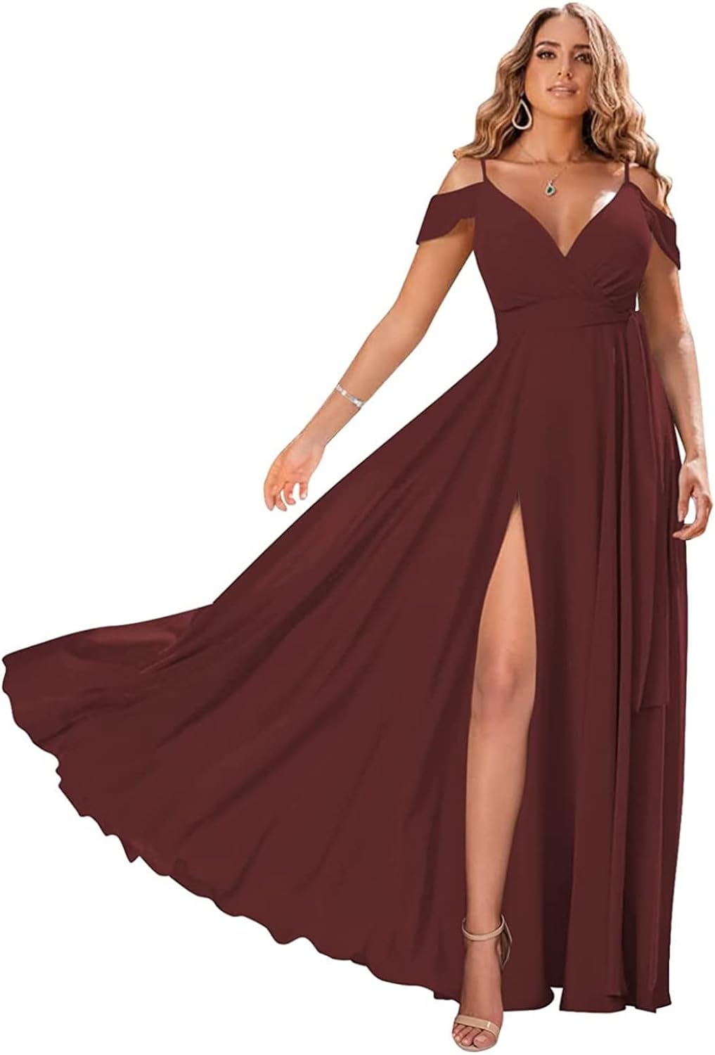 Schulterfreie Brautjungfernkleider 2025 für Frauen, langes Chiffon-Abendkleid mit V-Ausschnitt und Schlitz