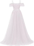 Off Shoulder Tulle Ball Gowns for Women Lace Appliques Beaded Prom Dress Sparkly Long A-line Evening Gowns