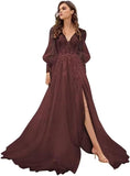 Long Sleeve Tulle Prom Evening Dresses Long Lace Applique A Line Ball Gown 2027
