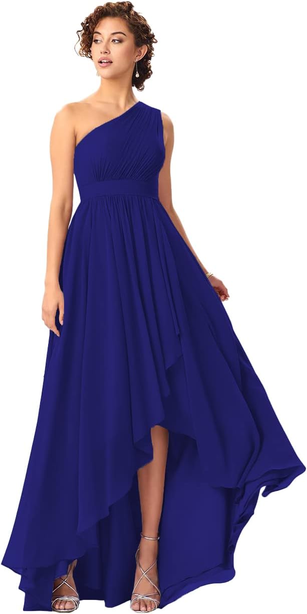 Women's One Shoulder Bridesmaid Dresses High Low Chiffon Formal Party Gowns with Pockets