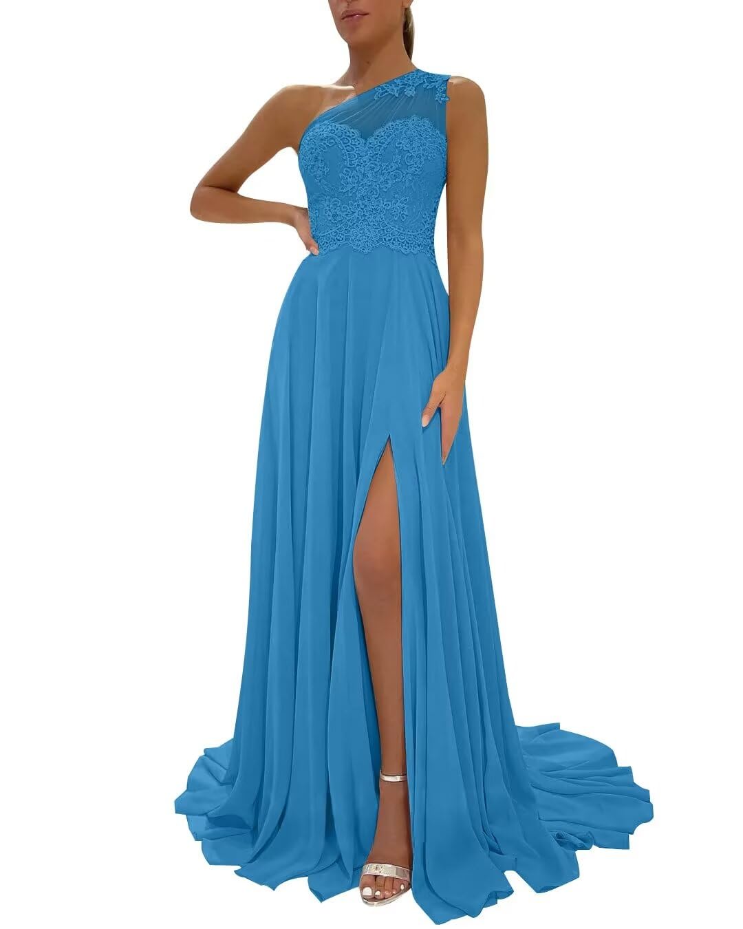 One Shoulder Chiffon Bridesmaid Dresses for Wedding 2026 Lace A-Line Slit Formal Evening Party Gown with Pockets