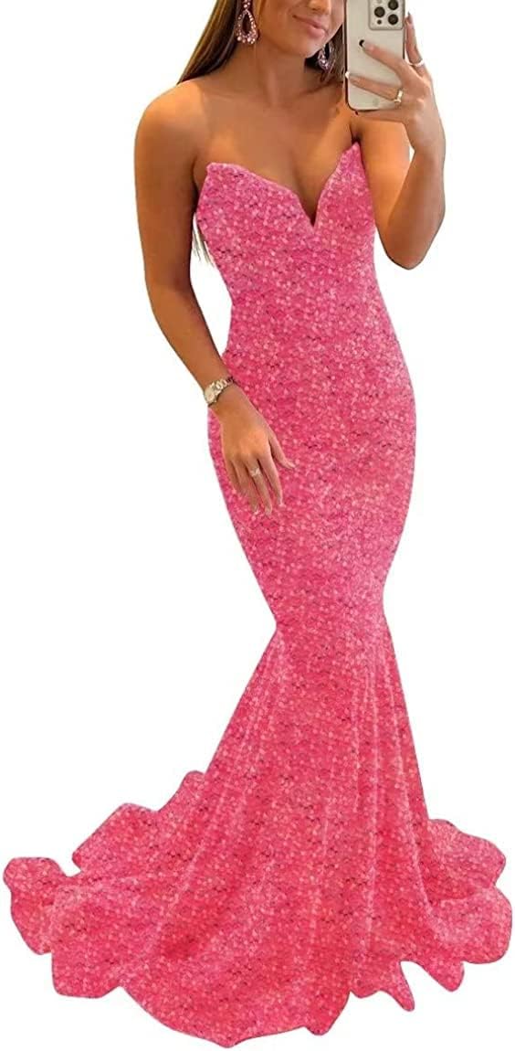 Women's Strapless Sequin Prom Dresses with Train Criss-Cross Mermaid Long Formal Evening Gowns