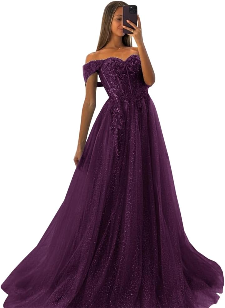 Off The Shoulder Tulle Prom Dresses 2027 Lace Applique A Line Long Sparkly Formal Evening Party Gowns