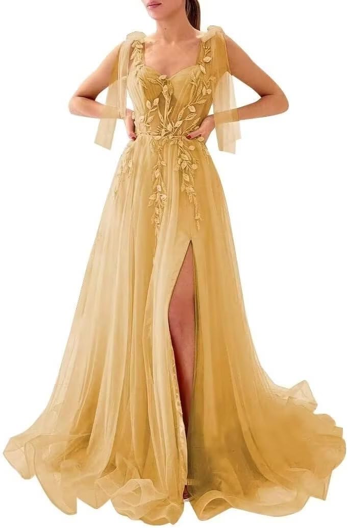 Appliques Tulle Lace Prom Dresses with Slit Spaghetti Straps Formal Evening Dress Sweetheart Ball Gowns