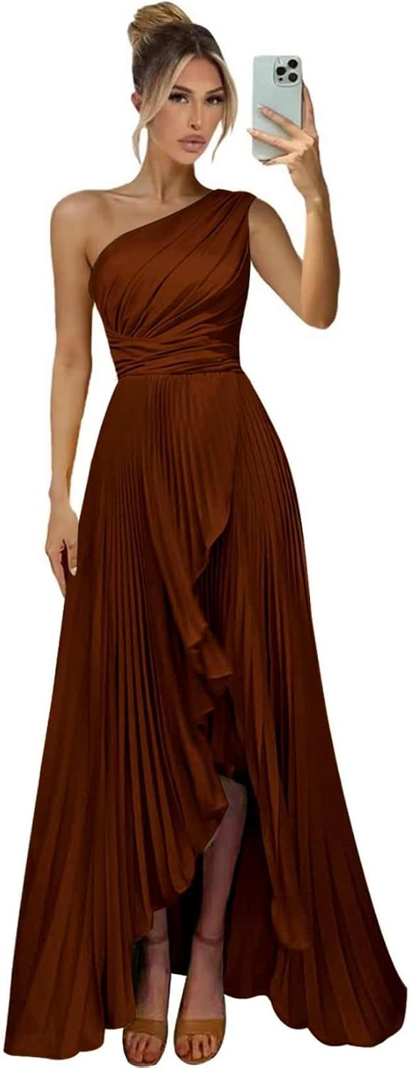One Shoulder Bridesmaid Dresses for Women Satin Pleated Long A Line Formal Prom Evening Party Dress with Slit
