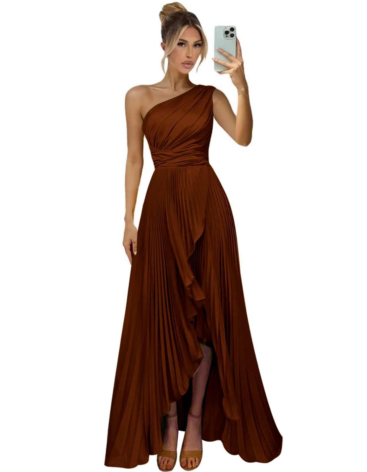 One Shoulder Bridesmaid Dresses for Women Satin Pleated Long A Line Formal Prom Evening Party Dress with Slit