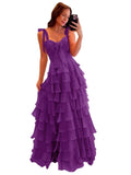 Tiered Prom Dresses with Bow Long A-Line Chiffon Formal Evening Dress for Women Spaghetti Straps Slit Ball Gown