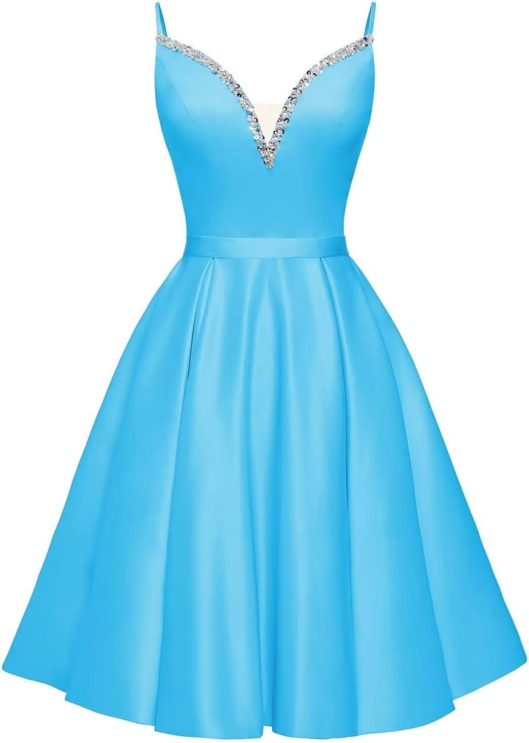 Spaghetti Straps Satin Homecoming Dresses for Teens V-Neck Short Prom Dress A-Line Beaded Cocktail Party Gowns
