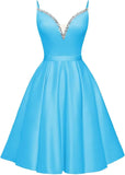 Spaghetti Straps Satin Homecoming Dresses for Teens V-Neck Short Prom Dress A-Line Beaded Cocktail Party Gowns