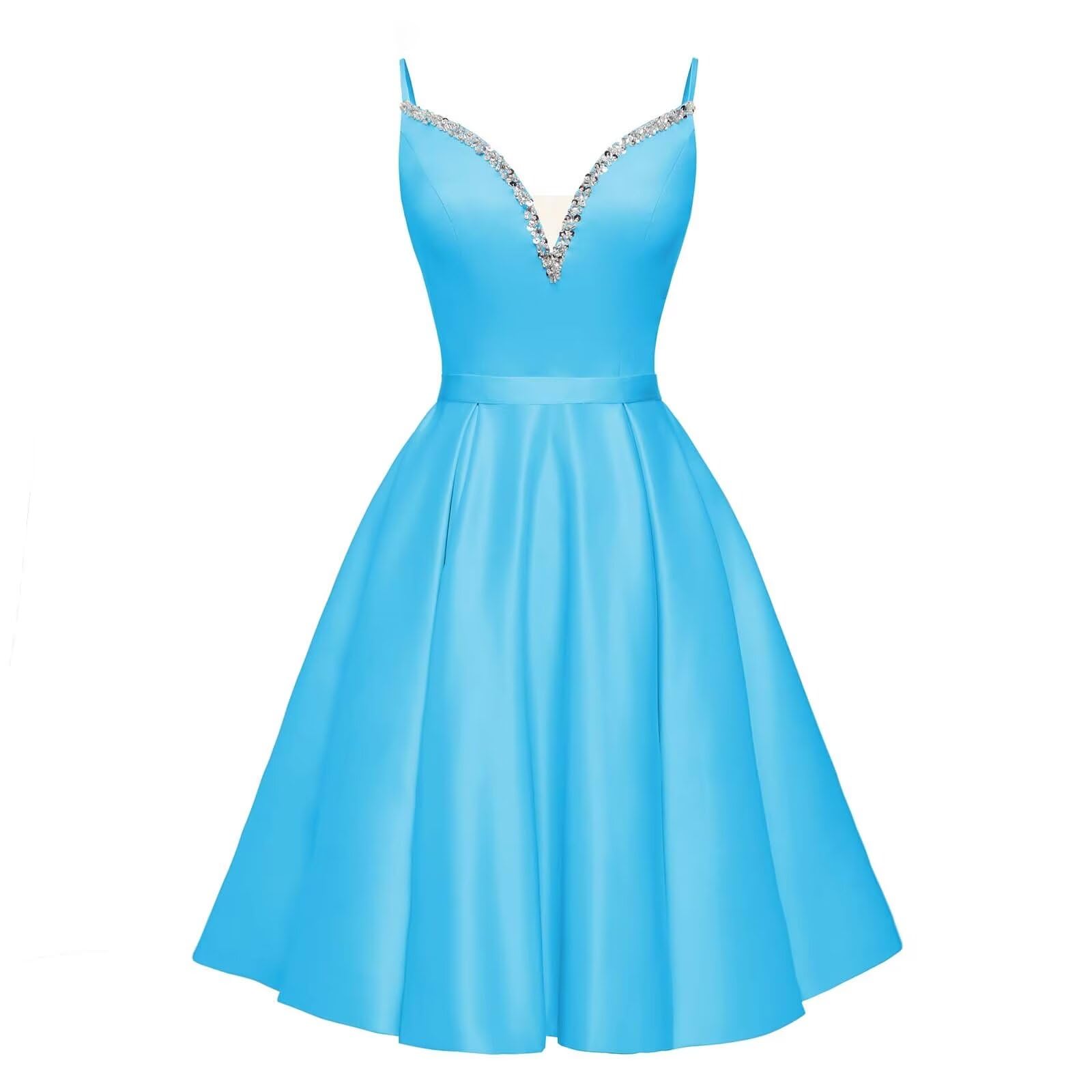 Spaghetti Straps Satin Homecoming Dresses for Teens V-Neck Short Prom Dress A-Line Beaded Cocktail Party Gowns