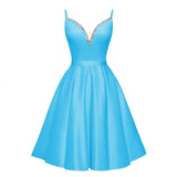 Spaghetti Straps Satin Homecoming Dresses for Teens V-Neck Short Prom Dress A-Line Beaded Cocktail Party Gowns