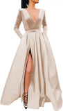 Vestido de fiesta de satén con lentejuelas brillantes para mujer, con bolsillos, manga larga y abertura. 