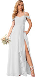 Damen Schulterfreies Brautjungfernkleid Lang mit Schlitz Chiffon Rüschen Falten Formales Partykleid 