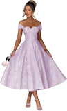 Off Shoulder Tea Length Prom Dress for Women Satin Floral Jacquard A Line Corset Cocktail Dress
