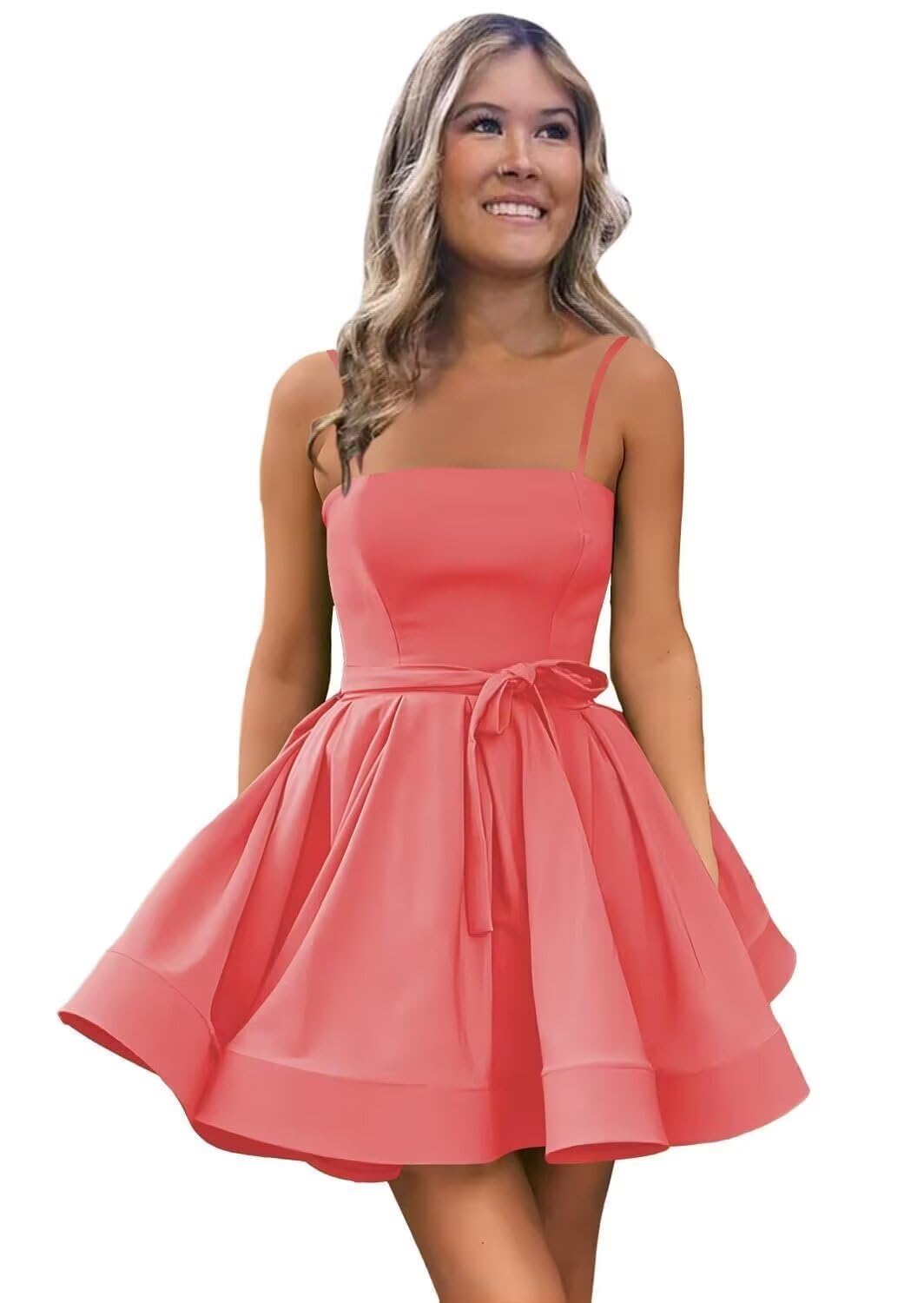 Women’s Short Satin Spaghetti Straps Formal Homecoming Dresses A Line Corset Puffy Prom Gown with Pockets for Teens