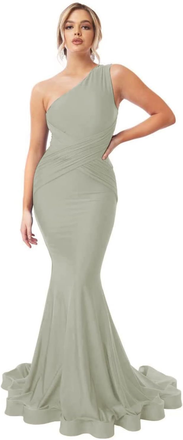 Womens One Shoulder Mermaid Bridesmaid Dresses for Wedding Long Tight Ruched Prom Dresses Evening Formal Gowns