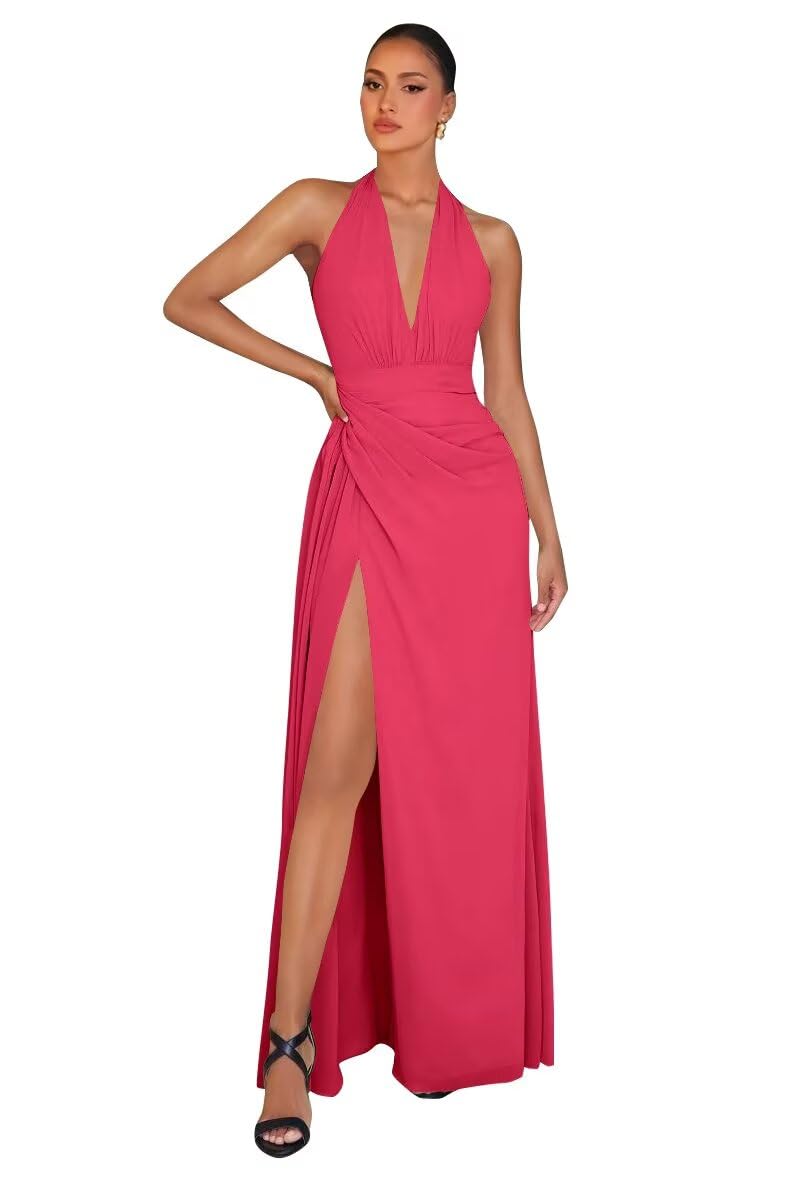Chiffon Bridesmaid Dresses for Women Long Halter A-line Formal Dress with Slit 2026 Pleated Evening Party Gowns