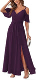 Women's Cold Shoulder Bridesmaid Dresses Long Summer Side Slit Chiffon Formal Evening Gown with Pockets
