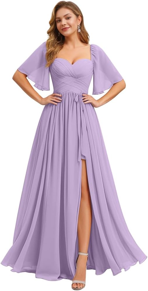 Women's Chiffon Bridesmaid Dresses for Wedding Flutter Sleeves Ruched A Line Long Formal Dress with Slit