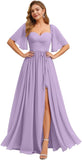 Women's Chiffon Bridesmaid Dresses for Wedding Flutter Sleeves Ruched A Line Long Formal Dress with Slit
