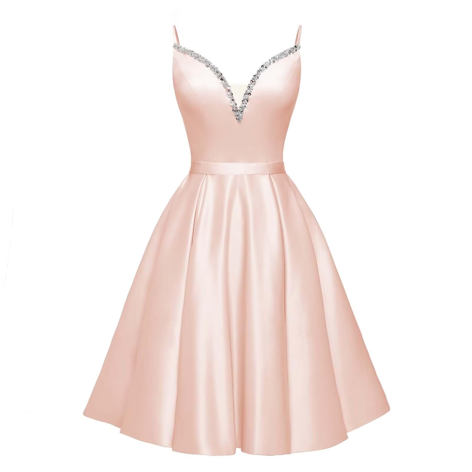 Spaghetti Straps Satin Homecoming Dresses for Teens V-Neck Short Prom Dress A-Line Beaded Cocktail Party Gowns