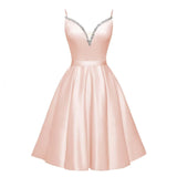 Spaghetti Straps Satin Homecoming Dresses for Teens V-Neck Short Prom Dress A-Line Beaded Cocktail Party Gowns