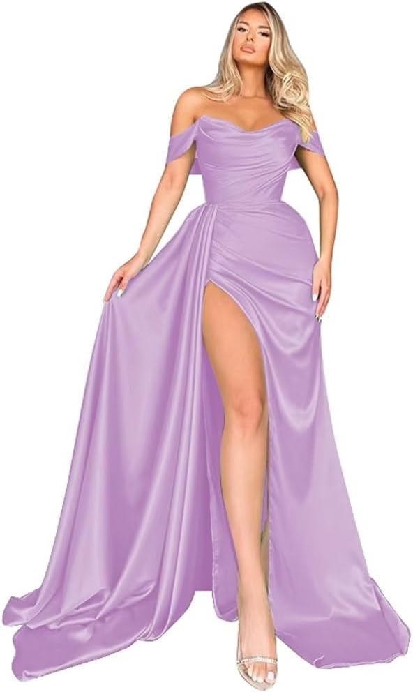 Off Shoulder Satin Bridesmaid Dresses Long Formal Gown for Wedding Ruched Prom Dress with Slit