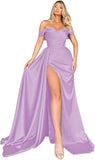 Off Shoulder Satin Bridesmaid Dresses Long Formal Gown for Wedding Ruched Prom Dress with Slit
