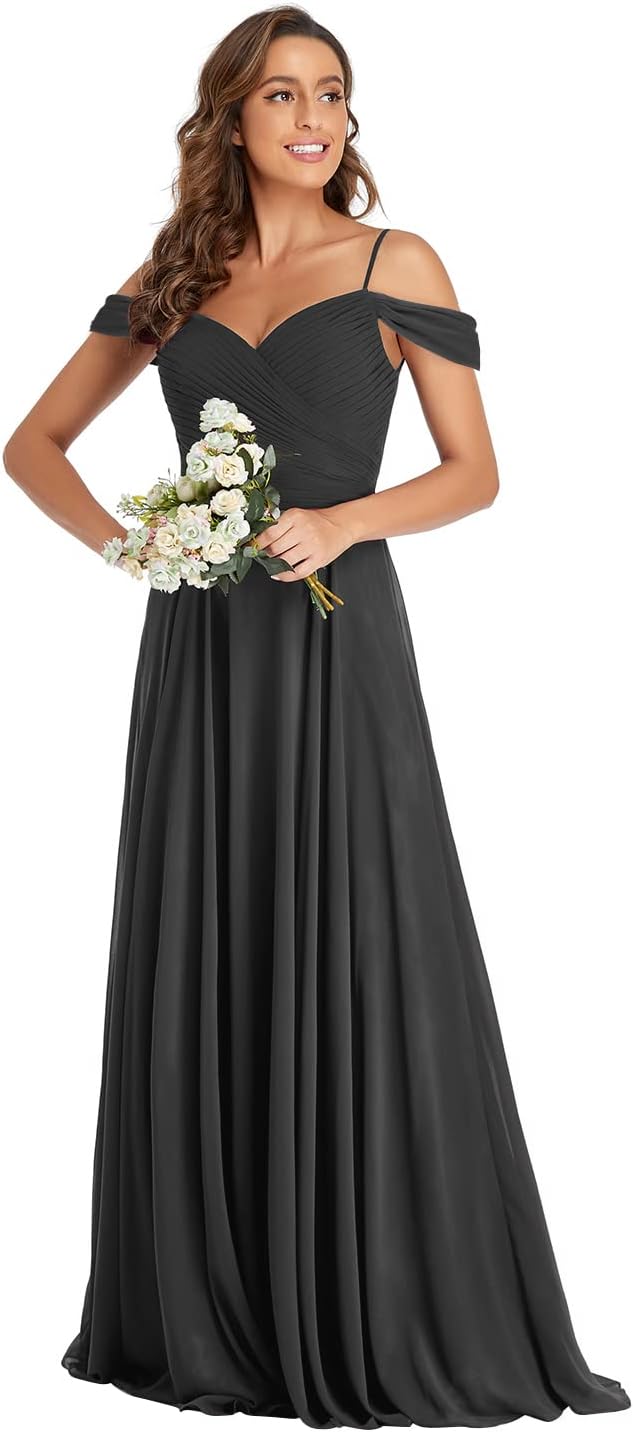 Off The Shoulder Chiffon Bridesmaid Dresses Long Spaghetti Straps A Line Formal Party Dress