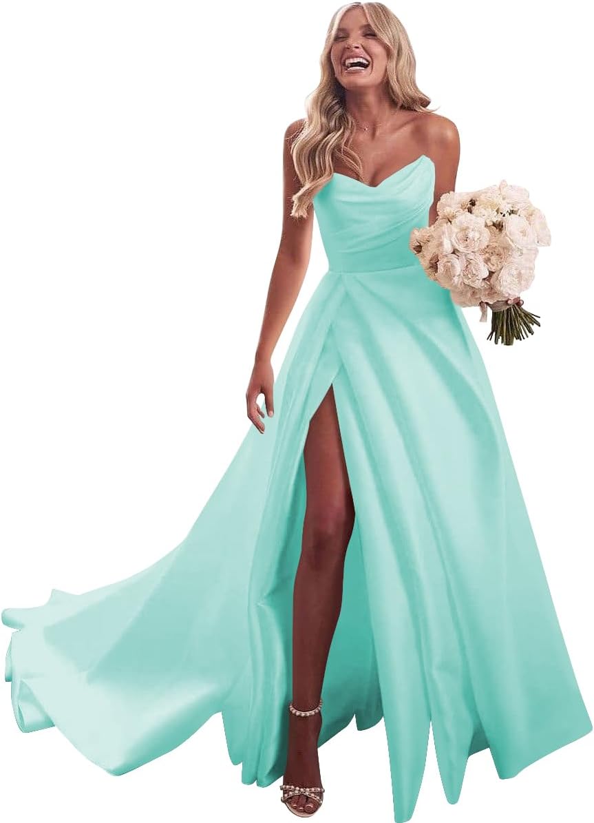 Strapless Satin Prom Wedding Dresses with Slit Long Pleats Formal Ball Bridal Gowns with Pockets