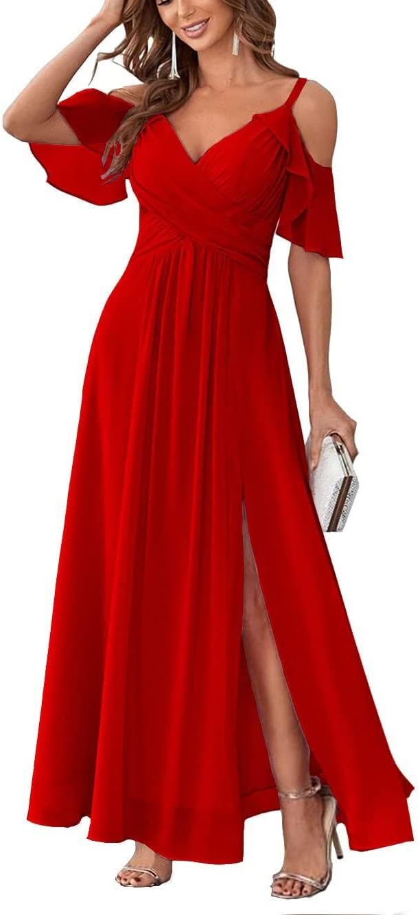 Women's Cold Shoulder Bridesmaid Dresses Long Summer Side Slit Chiffon Formal Evening Gown with Pockets