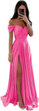 Women's Off Shoulder Satin Bridesmaid Dresses Long Ruched Mermaid Formal Dresses with Slit
