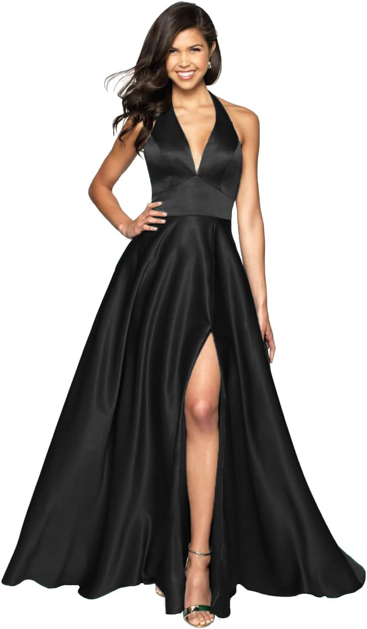 Womens Satin Prom Dresses Long with Slit Halter Evening Formal Gowns for Women with Pockets