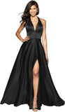 Womens Satin Prom Dresses Long with Slit Halter Evening Formal Gowns for Women with Pockets