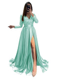 Long Sleeve Sequin Prom Dresses for Women 2027 Satin Formal Dress Sparkly Slit Evening Party Gown with Pocket