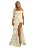 Off Shoulder Mermaid Prom Dresses with Slit 2027 Long Satin Pleated Formal Dress for Women Evening Party
