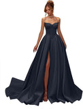 Kingbridal Gowns Strapless Prom Dresses for Women 2026 Long Satin A-line Formal Dress with Slit Beaded Corset Evening Party Gowns