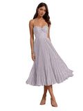 Floral Satin Midi Wedding Guest Dresses Pleated Tea Length Formal Evening Party Gowns