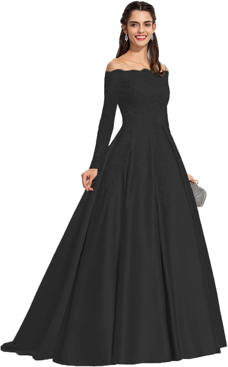 Vestidos de fiesta formales de satén con apliques de encaje y hombros descubiertos para mujer, con mangas largas