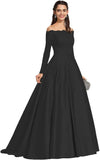 Vestidos de fiesta formales de satén con apliques de encaje y hombros descubiertos para mujer, con mangas largas