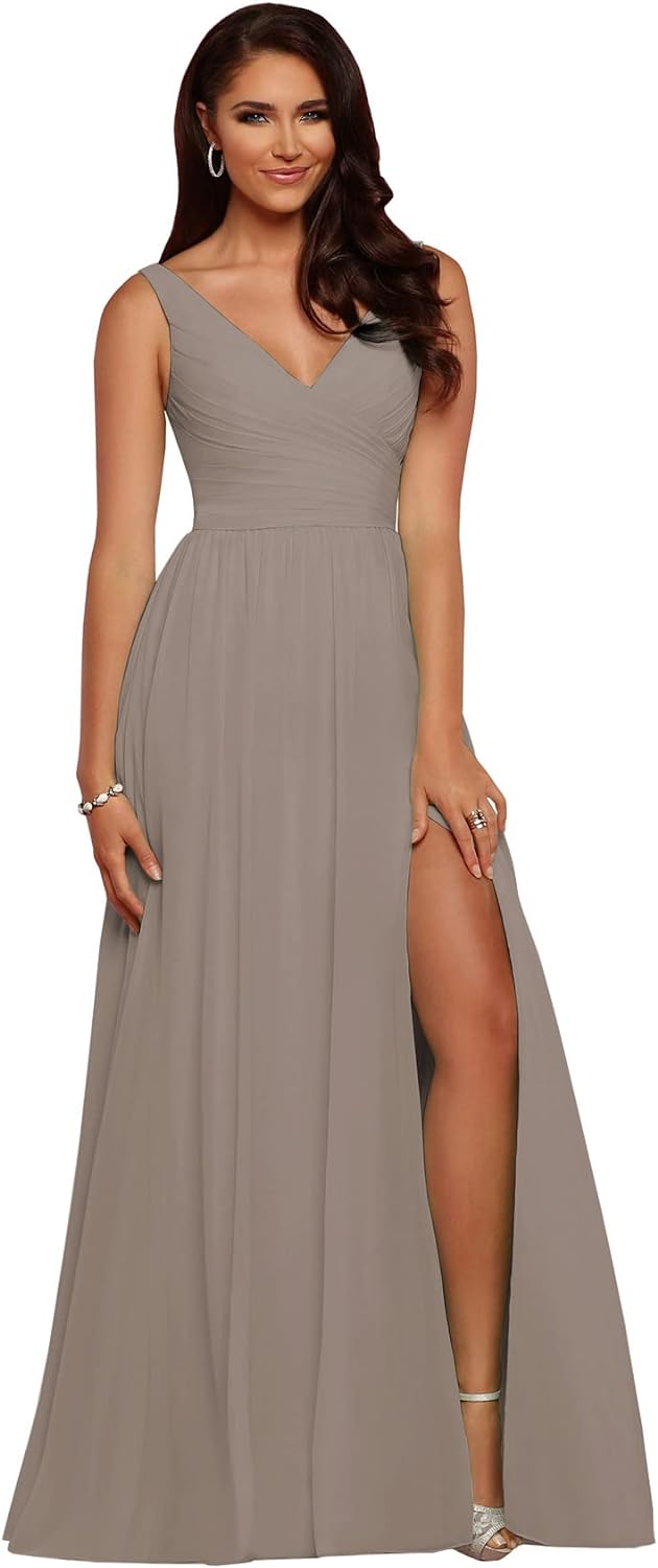 Vestidos de dama de honor largos con escote en V y abertura en gasa, corte A, plisados, para noche, fiesta formal
