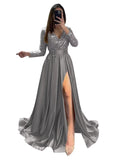 Long Sleeve Sequin Prom Dresses for Women 2027 Satin Formal Dress Sparkly Slit Evening Party Gown with Pocket