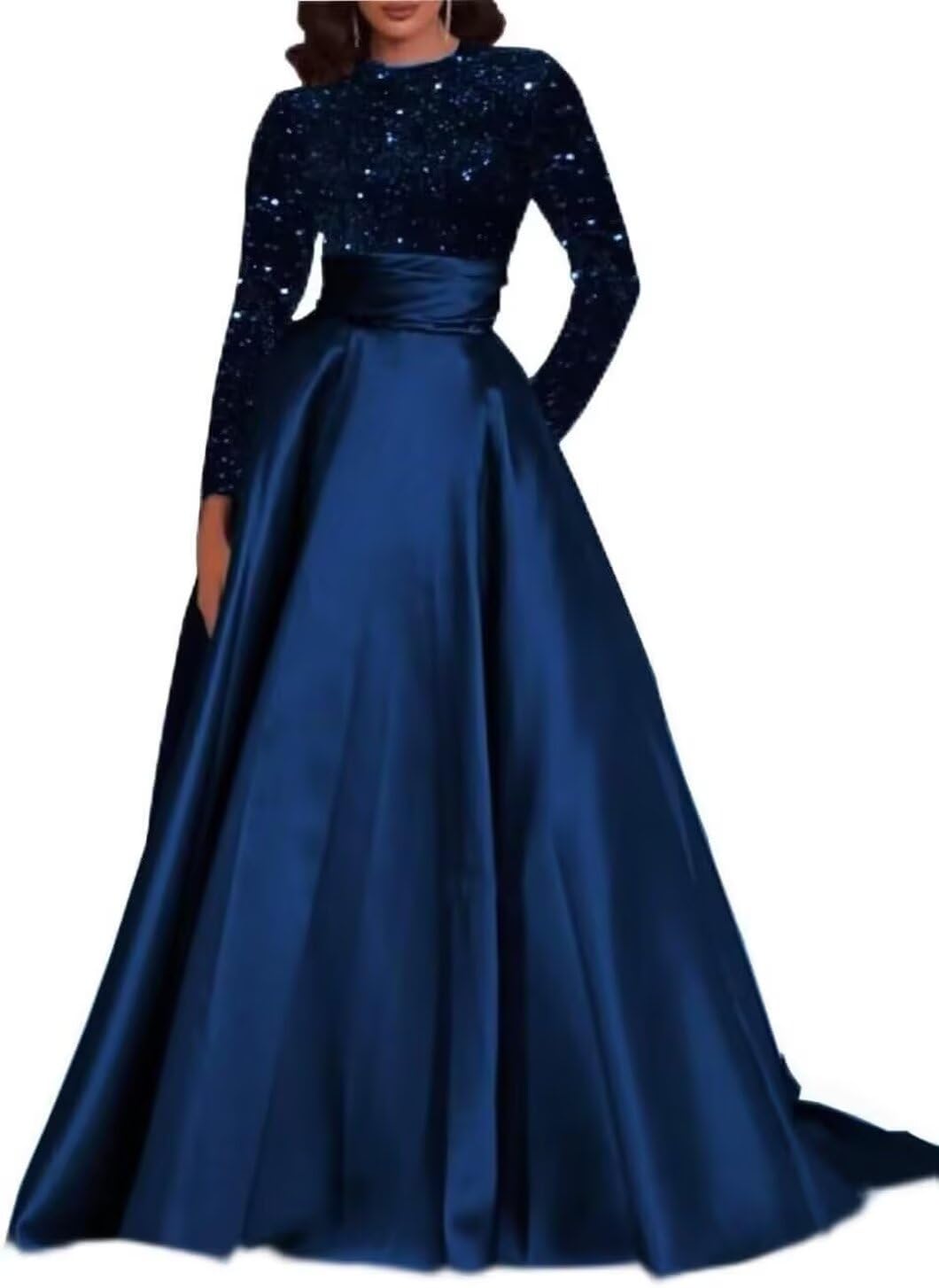 Kingbridal Gowns Long Sleeve Sequin Prom Dresses for Women Satin A-line Formal Dress 2026 Sparkly Evening Party Gowns with Pockets