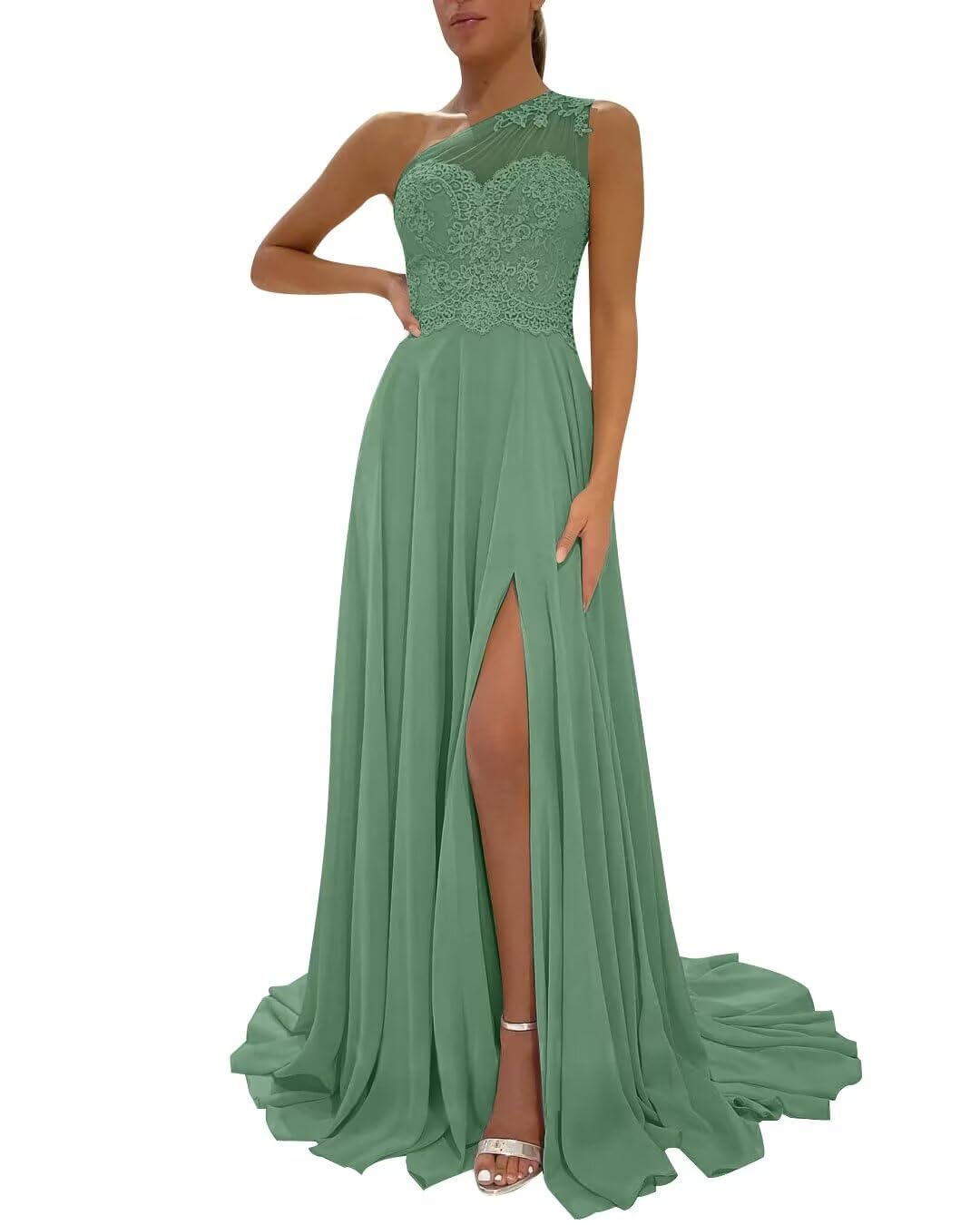One Shoulder Chiffon Bridesmaid Dresses for Wedding 2026 Lace A-Line Slit Formal Evening Party Gown with Pockets