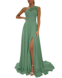 One Shoulder Chiffon Bridesmaid Dresses for Wedding 2026 Lace A-Line Slit Formal Evening Party Gown with Pockets