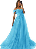 Off The Shoulder Tulle Prom Dresses 2027 Lace Applique A Line Long Sparkly Formal Evening Party Gowns