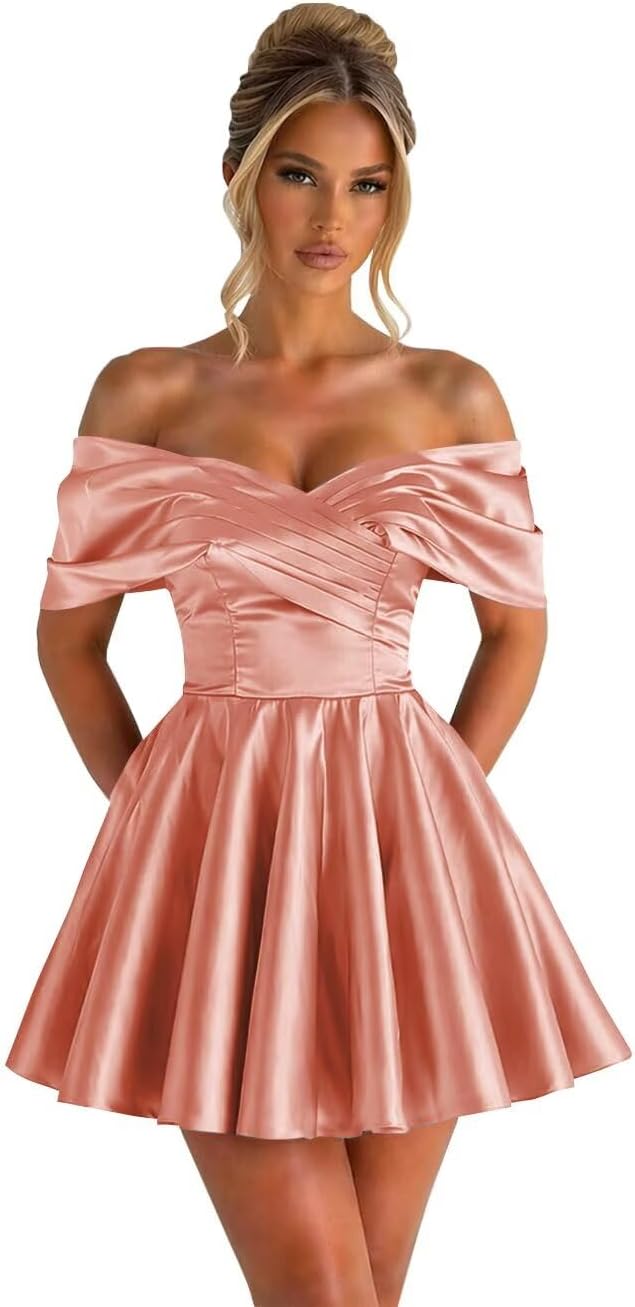 Off Shoulder Satin Homecoming Dresses for Teens 2026 Short Prom Dress A-line Pleated Cocktail Party Gowns