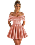 Off Shoulder Satin Homecoming Dresses for Teens 2026 Short Prom Dress A-line Pleated Cocktail Party Gowns